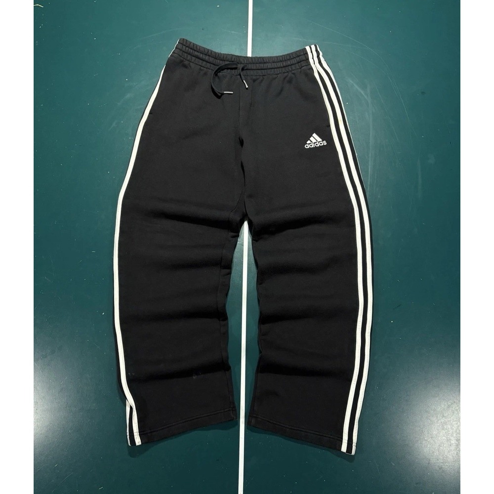 Adidas Sweatpants Mens Medium Black White 3 Stripe Fleece Baggy Wide Leg Cotton